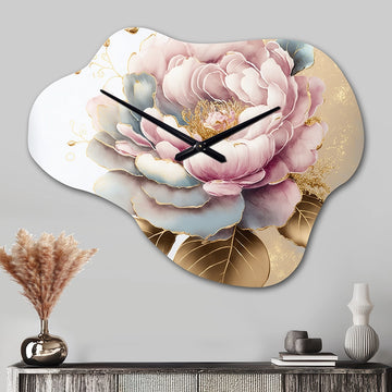 Pink And Gold Camellia Flower I - Asymmetric Metal Wall Clock